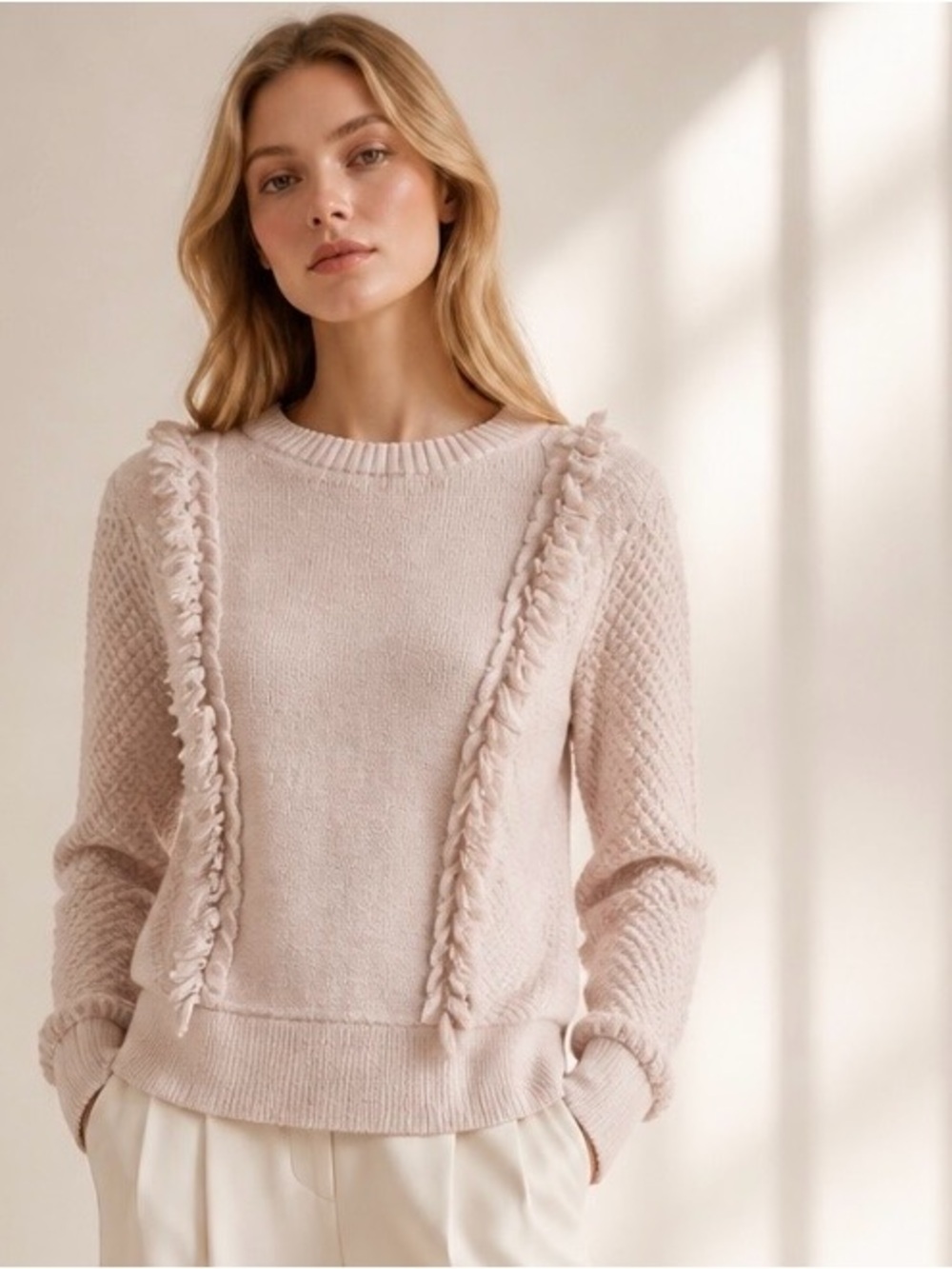 KINROSS Sweater Pullover Soft Blush Pink Crew Neck Waffle Fringe